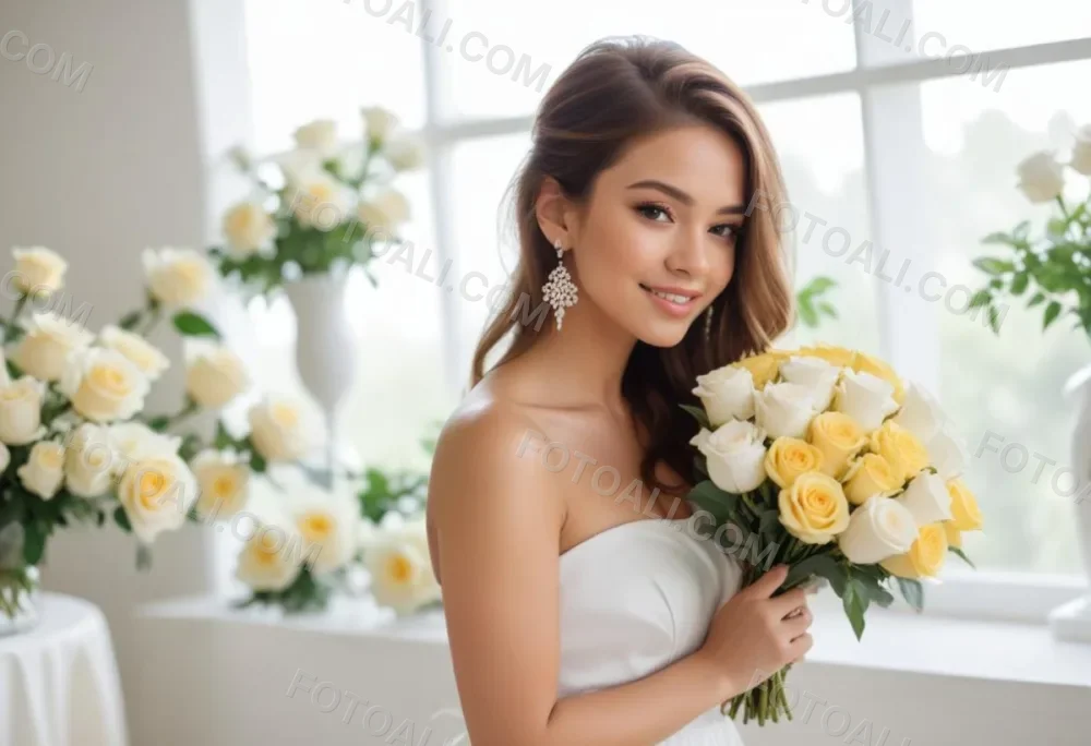 Young Woman With Light Skin And Long Brown Hair Wearing A Strapless White Dress And Large Earrings Holding A Bouquet Of White And Yellow Roses The Background Features Soft Blurred Greenery And Floral Arrangements 20 B448
