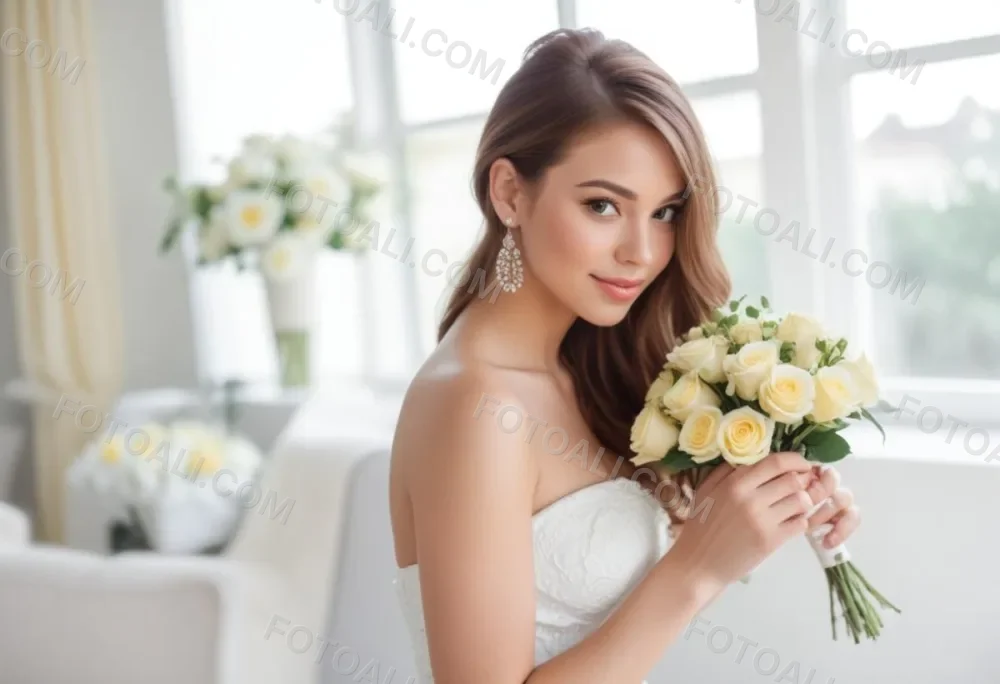 Young Woman With Light Skin And Long Brown Hair Wearing A Strapless White Dress And Large Earrings Holding A Bouquet Of White And Yellow Roses The Background Features Soft Blurred Greenery And Floral Arrangements 21 5f36