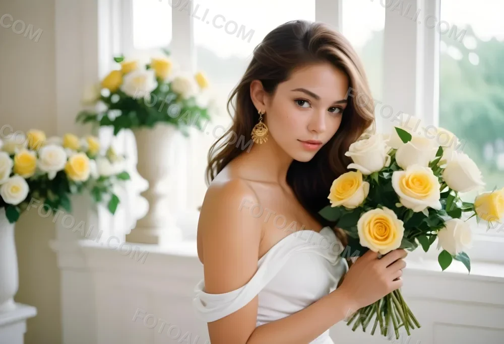 Young Woman With Light Skin And Long Brown Hair Wearing A Strapless White Dress And Large Earrings Holding A Bouquet Of White And Yellow Roses The Background Features Soft Blurred Greenery And Floral Arrangements 3 Fd48