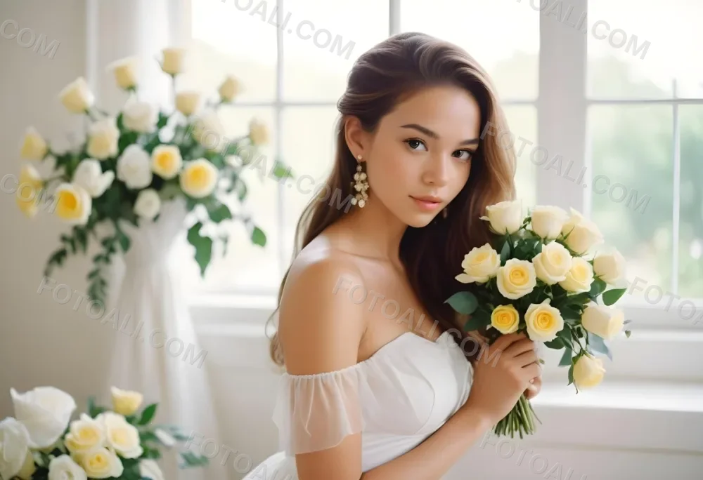 Young Woman With Light Skin And Long Brown Hair Wearing A Strapless White Dress And Large Earrings Holding A Bouquet Of White And Yellow Roses The Background Features Soft Blurred Greenery And Floral Arrangements 4 E0f4