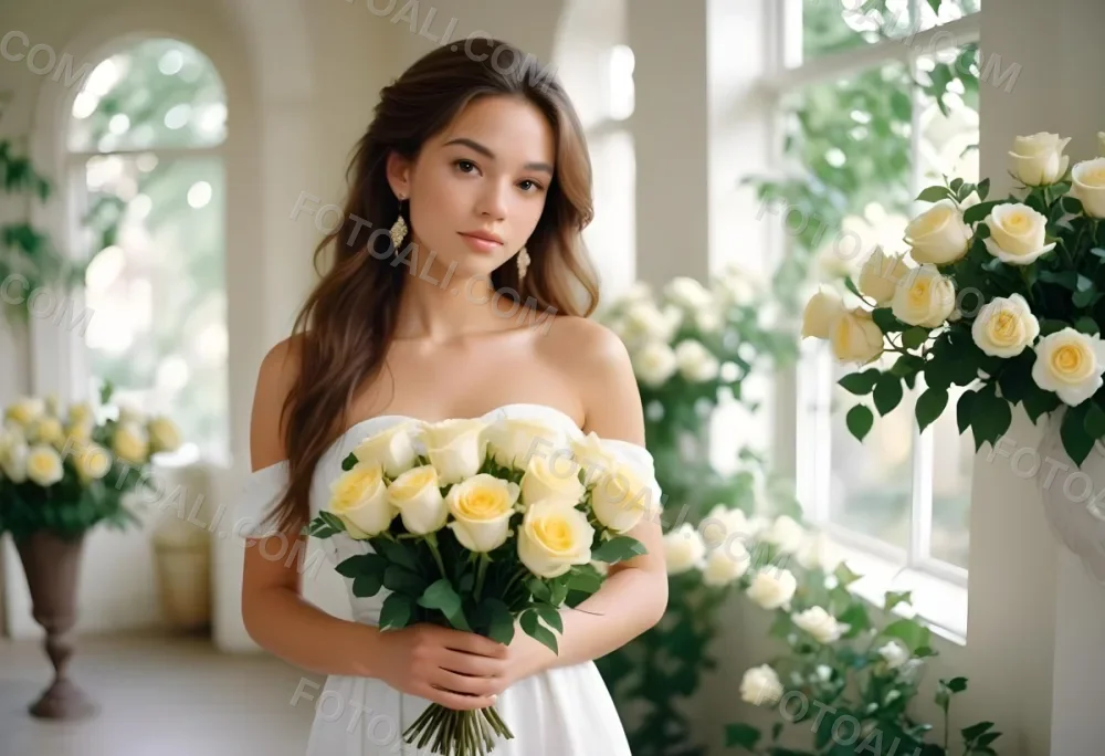 Young Woman With Light Skin And Long Brown Hair Wearing A Strapless White Dress And Large Earrings Holding A Bouquet Of White And Yellow Roses The Background Features Soft Blurred Greenery And Floral Arrangements 5 4a46