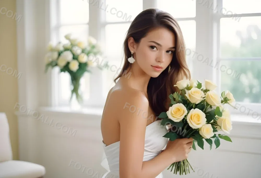 Young Woman With Light Skin And Long Brown Hair Wearing A Strapless White Dress And Large Earrings Holding A Bouquet Of White And Yellow Roses The Background Features Soft Blurred Greenery And Floral Arrangements 6 Ca27