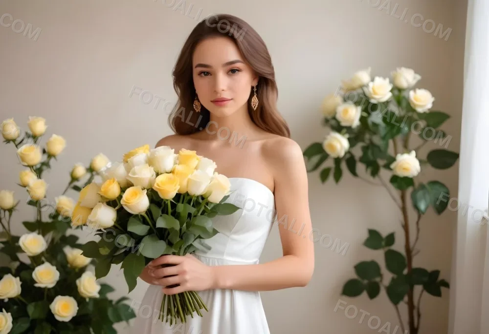 Young Woman With Light Skin And Long Brown Hair Wearing A Strapless White Dress And Large Earrings Holding A Bouquet Of White And Yellow Roses The Background Features Soft Blurred Greenery And Floral Arrangements 7 C587