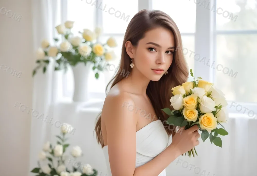 Young Woman With Light Skin And Long Brown Hair Wearing A Strapless White Dress And Large Earrings Holding A Bouquet Of White And Yellow Roses The Background Features Soft Blurred Greenery And Floral Arrangements 8 0fed