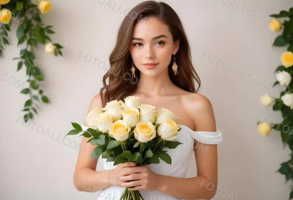 Young Woman With Light Skin And Long Brown Hair Wearing A Strapless White Dress And Large Earrings Holding A Bouquet Of White And Yellow Roses The Background Features Soft Blurred Greenery And Floral Arrangements 9 Cb10