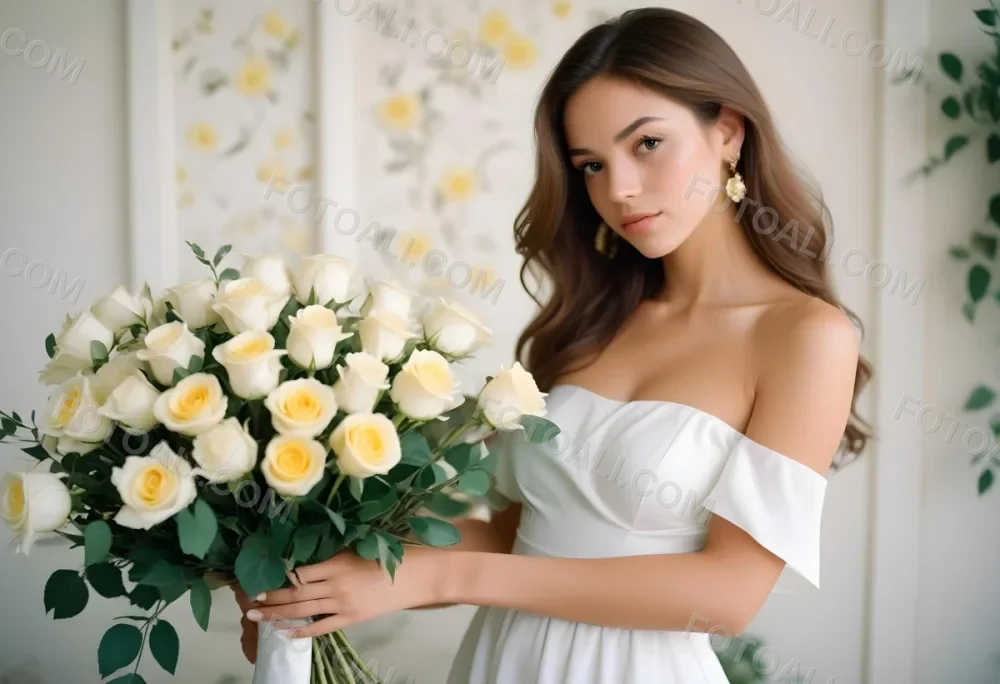 Young Woman With Light Skin And Long Brown Hair Wearing A Strapless White Dress And Large Earrings Holding A Bouquet Of White And Yellow Roses The Background Features Soft Blurred Greenery And Floral Arrangements Ba71