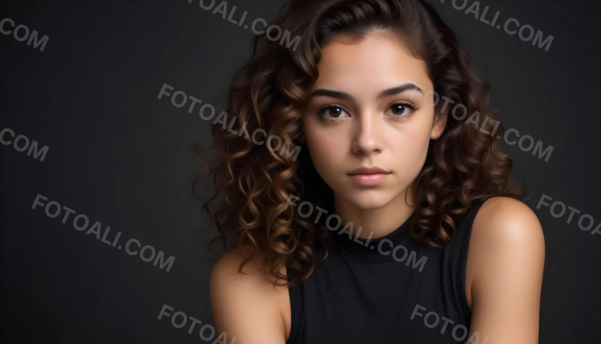 Young Woman With Medium Skin Tone And Long Curly Brown Hair Wearing A Black Sleeveless Top Looking Directly At The Camera With A Neutral Expression The Background Is Dark And Simple Emphasizing Her Features 15 32cf