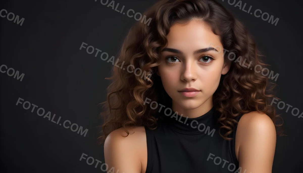 Young Woman With Medium Skin Tone And Long Curly Brown Hair Wearing A Black Sleeveless Top Looking Directly At The Camera With A Neutral Expression The Background Is Dark And Simple Emphasizing Her Features 18 B9a6