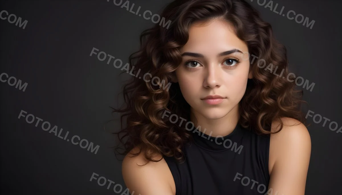 Young Woman With Medium Skin Tone And Long Curly Brown Hair Wearing A Black Sleeveless Top Looking Directly At The Camera With A Neutral Expression The Background Is Dark And Simple Emphasizing Her Features 19 C722