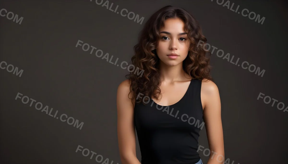 Young Woman With Medium Skin Tone And Long Curly Brown Hair Wearing A Black Sleeveless Top Looking Directly At The Camera With A Neutral Expression The Background Is Dark And Simple Emphasizing Her Features 20 B9ad