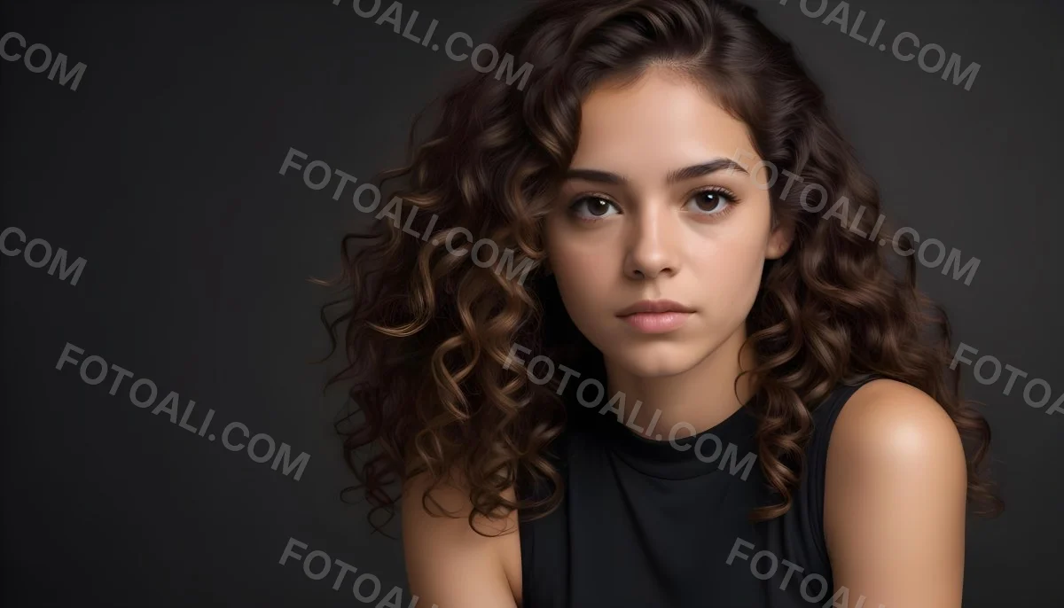 Young Woman With Medium Skin Tone And Long Curly Brown Hair Wearing A Black Sleeveless Top Looking Directly At The Camera With A Neutral Expression The Background Is Dark And Simple Emphasizing Her Features 21 B810