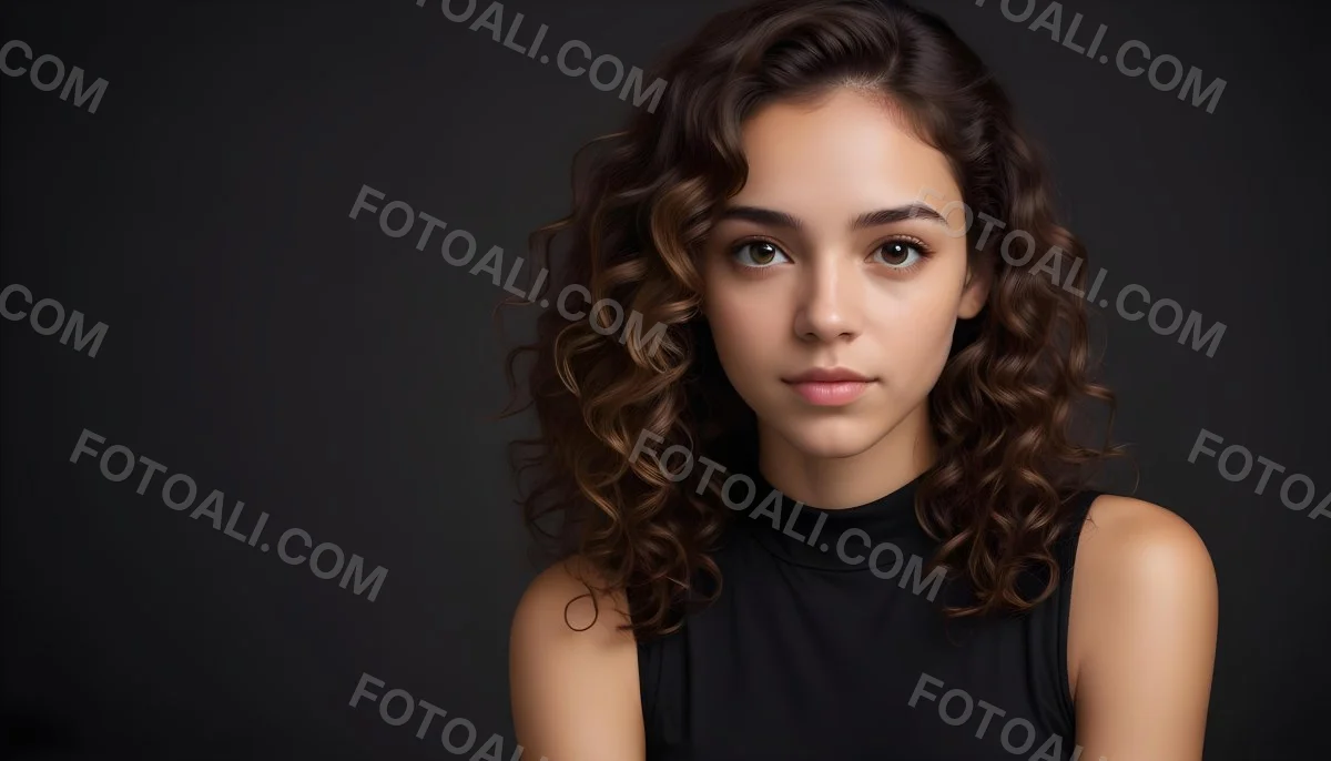 Young Woman With Medium Skin Tone And Long Curly Brown Hair Wearing A Black Sleeveless Top Looking Directly At The Camera With A Neutral Expression The Background Is Dark And Simple Emphasizing Her Features 24 Fdd2