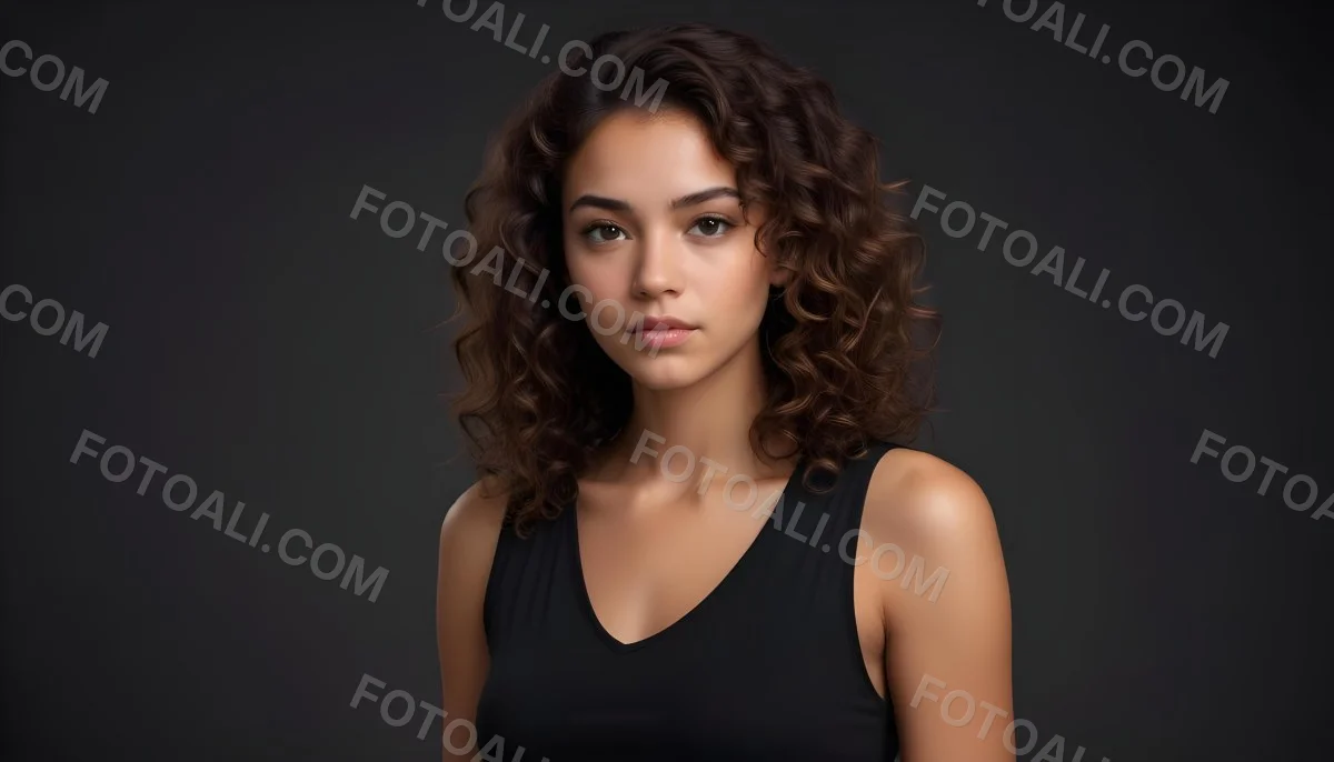 Young Woman With Medium Skin Tone And Long Curly Brown Hair Wearing A Black Sleeveless Top Looking Directly At The Camera With A Neutral Expression The Background Is Dark And Simple Emphasizing Her Features 26 5525