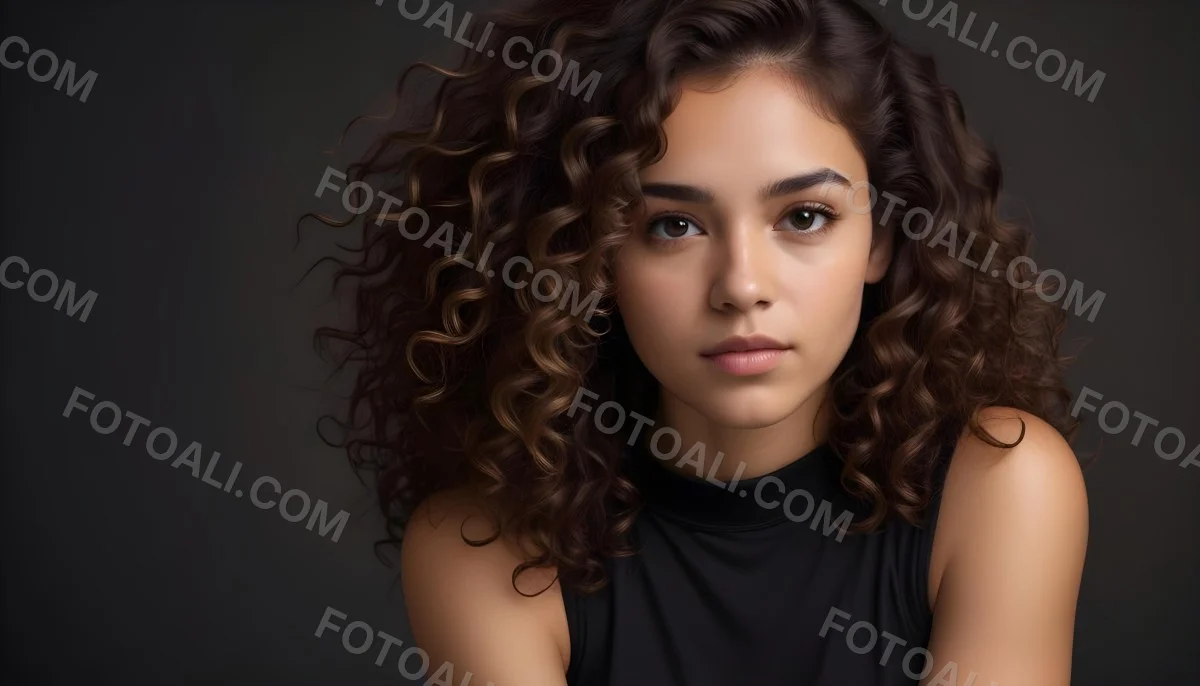 Young Woman With Medium Skin Tone And Long Curly Brown Hair Wearing A Black Sleeveless Top Looking Directly At The Camera With A Neutral Expression The Background Is Dark And Simple Emphasizing Her Features 28 A1a5