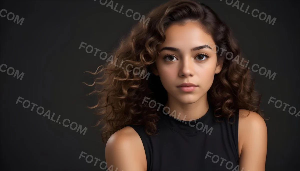 Young Woman With Medium Skin Tone And Long Curly Brown Hair Wearing A Black Sleeveless Top Looking Directly At The Camera With A Neutral Expression The Background Is Dark And Simple Emphasizing Her Features 4 484e