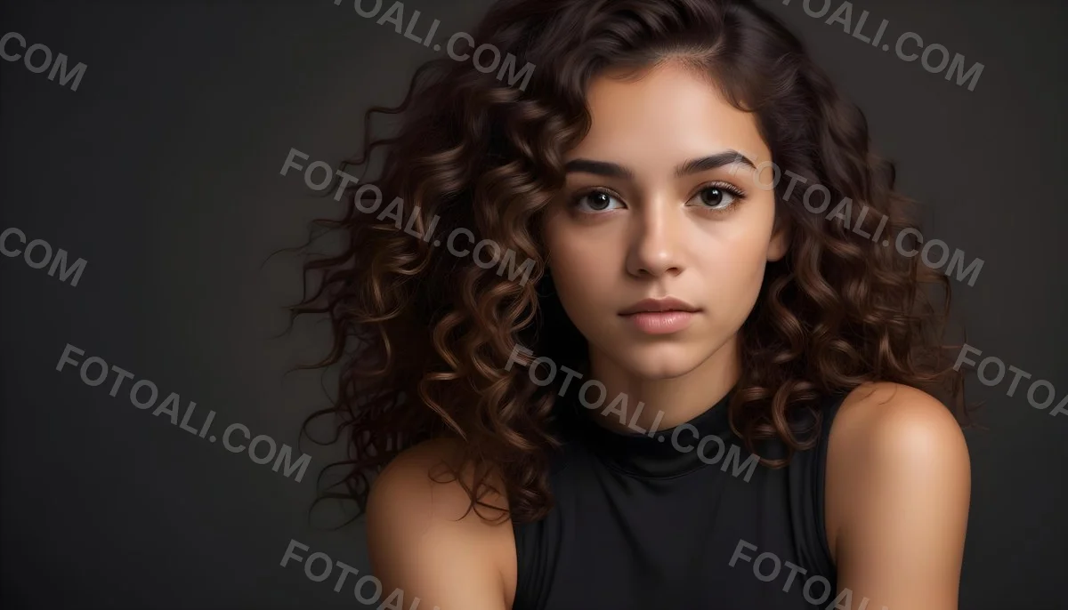 Young Woman With Medium Skin Tone And Long Curly Brown Hair Wearing A Black Sleeveless Top Looking Directly At The Camera With A Neutral Expression The Background Is Dark And Simple Emphasizing Her Features 40 2aed