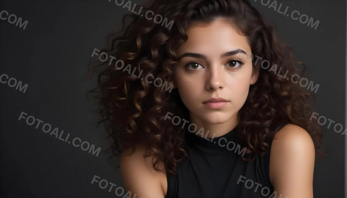 Young Woman With Medium Skin Tone And Long Curly Brown Hair Wearing A Black Sleeveless Top Looking Directly At The Camera With A Neutral Expression The Background Is Dark And Simple Emphasizing Her Features 41 Cc56