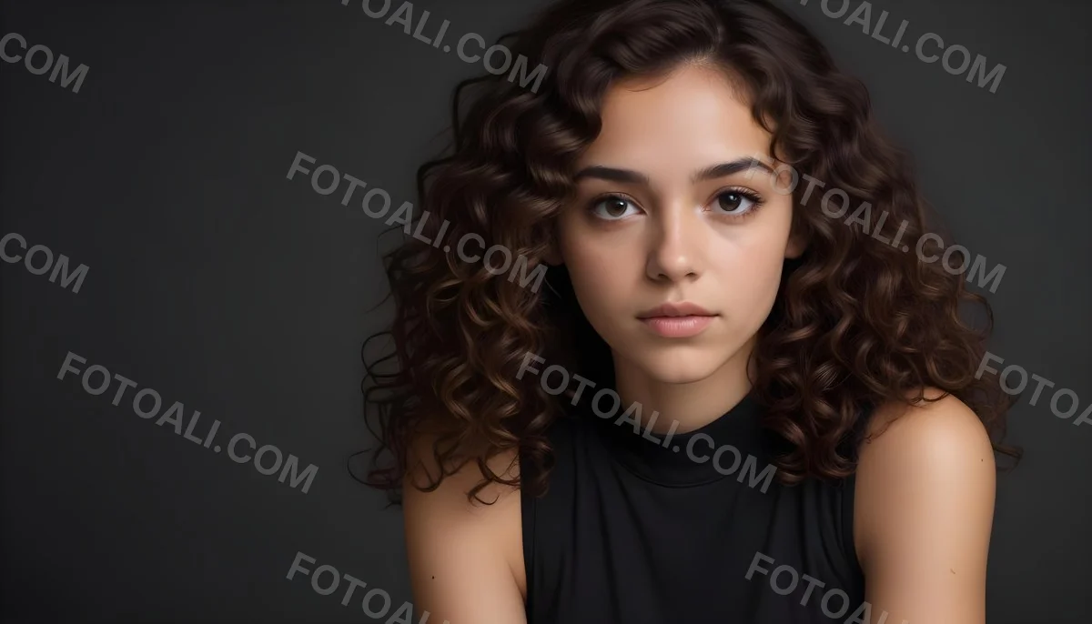 Young Woman With Medium Skin Tone And Long Curly Brown Hair Wearing A Black Sleeveless Top Looking Directly At The Camera With A Neutral Expression The Background Is Dark And Simple Emphasizing Her Features 43 5574