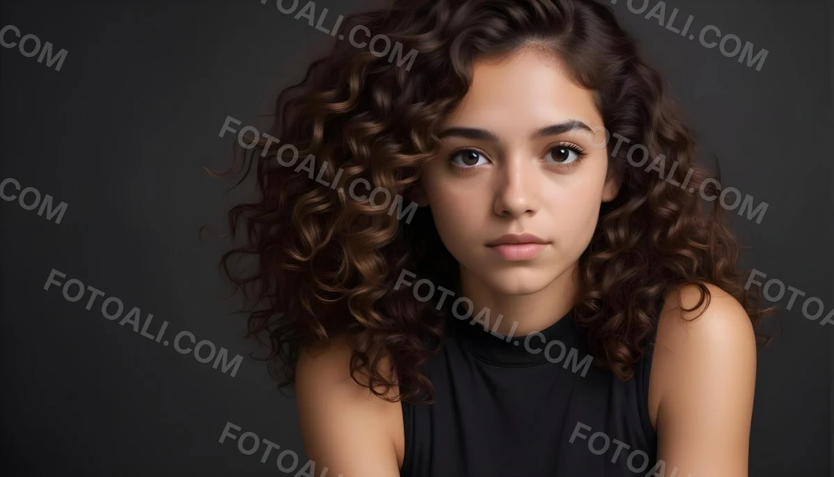 Young Woman With Medium Skin Tone And Long Curly Brown Hair Wearing A Black Sleeveless Top Looking Directly At The Camera With A Neutral Expression The Background Is Dark And Simple Emphasizing Her Features 45 F3ef