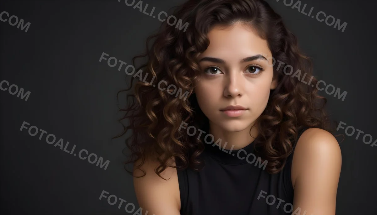Young Woman With Medium Skin Tone And Long Curly Brown Hair Wearing A Black Sleeveless Top Looking Directly At The Camera With A Neutral Expression The Background Is Dark And Simple Emphasizing Her Features 46 158b