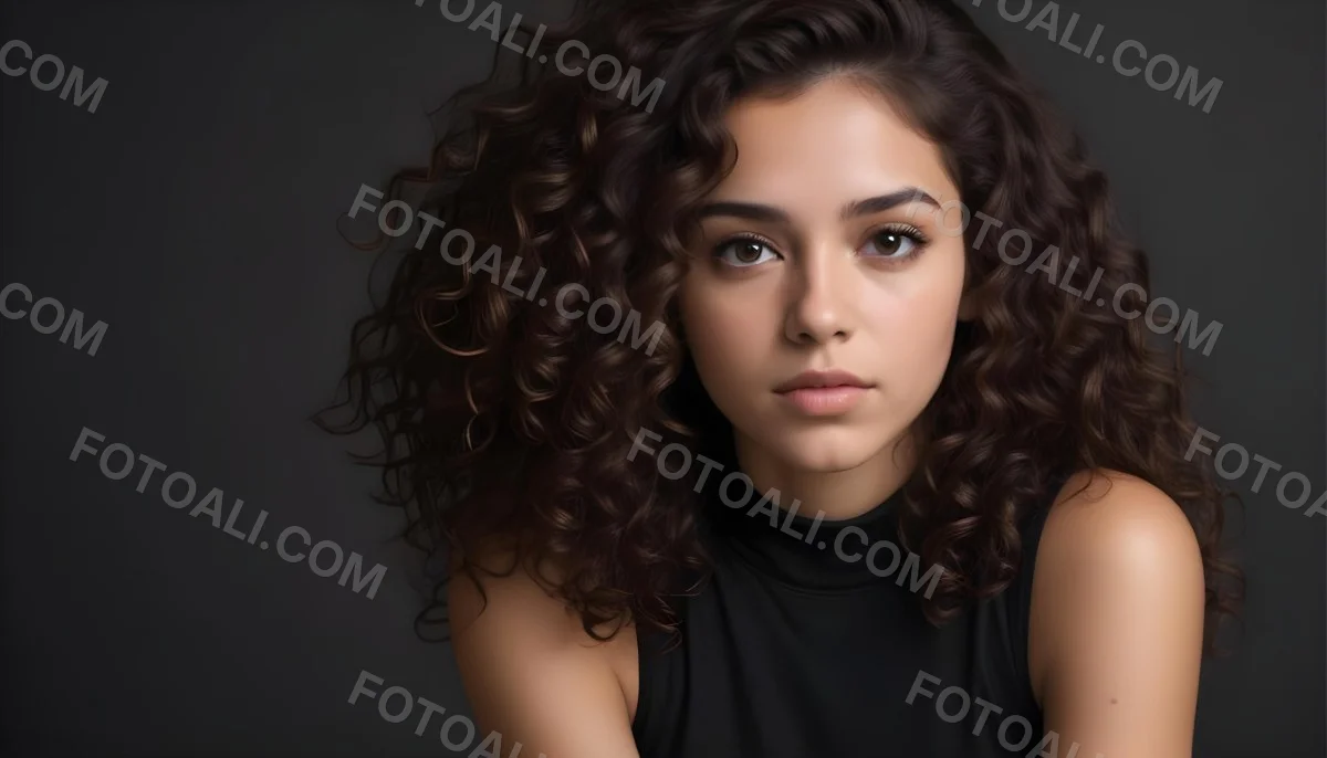 Young Woman With Medium Skin Tone And Long Curly Brown Hair Wearing A Black Sleeveless Top Looking Directly At The Camera With A Neutral Expression The Background Is Dark And Simple Emphasizing Her Features 47 59e5