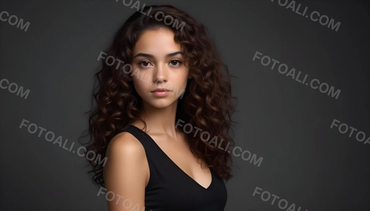 Young Woman With Medium Skin Tone And Long Curly Brown Hair Wearing A Black Sleeveless Top Looking Directly At The Camera With A Neutral Expression The Background Is Dark And Simple Emphasizing Her Features 5 51e8