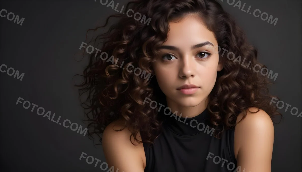 Young Woman With Medium Skin Tone And Long Curly Brown Hair Wearing A Black Sleeveless Top Looking Directly At The Camera With A Neutral Expression The Background Is Dark And Simple Emphasizing Her Features 53 680d