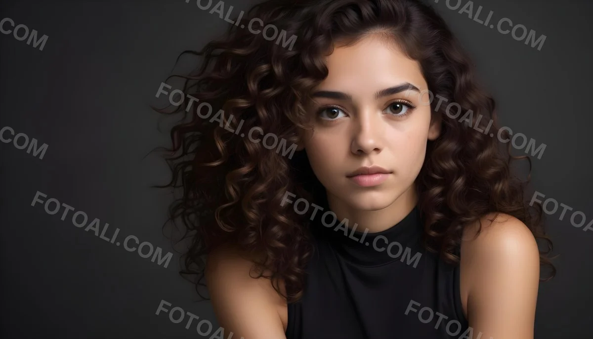 Young Woman With Medium Skin Tone And Long Curly Brown Hair Wearing A Black Sleeveless Top Looking Directly At The Camera With A Neutral Expression The Background Is Dark And Simple Emphasizing Her Features 54 915e