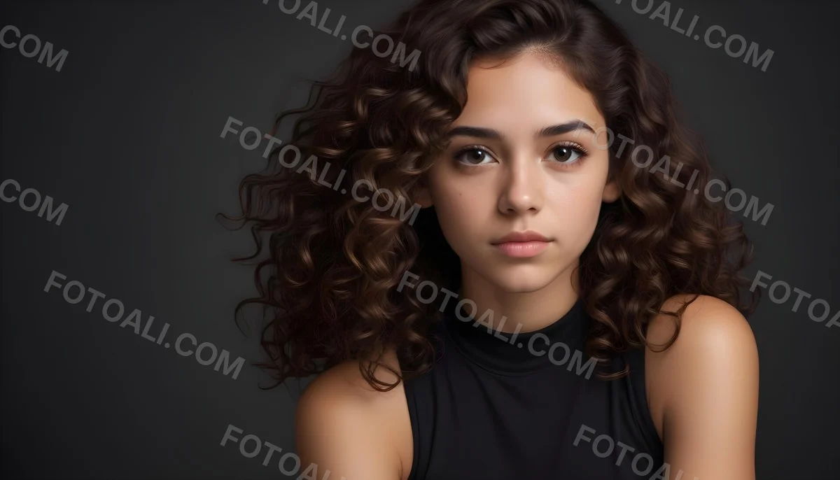 Young Woman With Medium Skin Tone And Long Curly Brown Hair Wearing A Black Sleeveless Top Looking Directly At The Camera With A Neutral Expression The Background Is Dark And Simple Emphasizing Her Features 58 0442