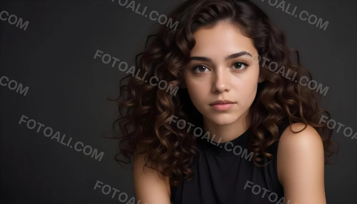 Young Woman With Medium Skin Tone And Long Curly Brown Hair Wearing A Black Sleeveless Top Looking Directly At The Camera With A Neutral Expression The Background Is Dark And Simple Emphasizing Her Features 59 6b63