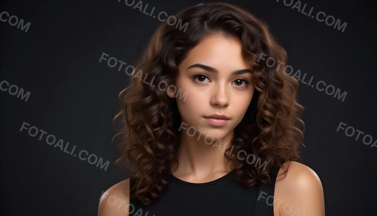 Young Woman With Medium Skin Tone And Long Curly Brown Hair Wearing A Black Sleeveless Top Looking Directly At The Camera With A Neutral Expression The Background Is Dark And Simple Emphasizing Her Features 6 43e9