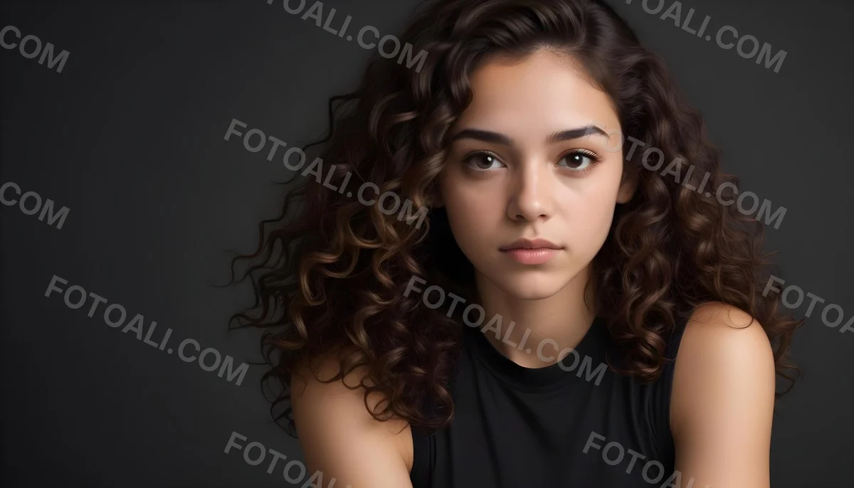 Young Woman With Medium Skin Tone And Long Curly Brown Hair Wearing A Black Sleeveless Top Looking Directly At The Camera With A Neutral Expression The Background Is Dark And Simple Emphasizing Her Features 61 251b