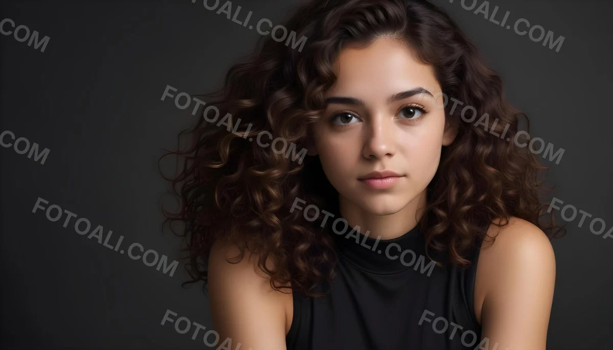 Young Woman With Medium Skin Tone And Long Curly Brown Hair Wearing A Black Sleeveless Top Looking Directly At The Camera With A Neutral Expression The Background Is Dark And Simple Emphasizing Her Features 62 F8c2