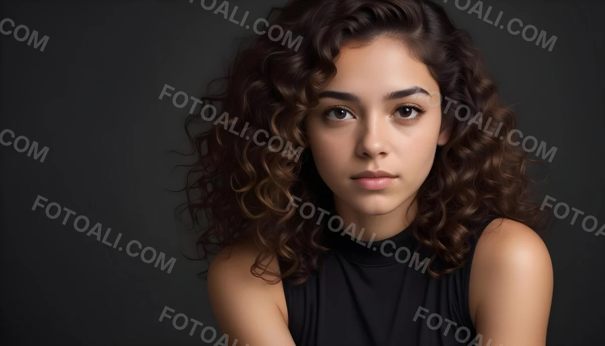 Young Woman With Medium Skin Tone And Long Curly Brown Hair Wearing A Black Sleeveless Top Looking Directly At The Camera With A Neutral Expression The Background Is Dark And Simple Emphasizing Her Features 7 24eb