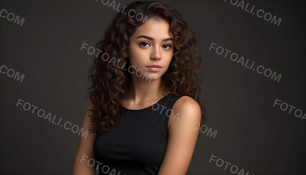 Young Woman With Medium Skin Tone And Long Curly Brown Hair Wearing A Black Sleeveless Top Looking Directly At The Camera With A Neutral Expression The Background Is Dark And Simple Emphasizing Her Features 8 37e8
