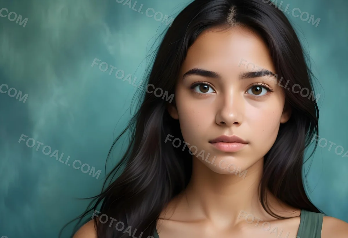 Young Woman With Medium Skin Tone Long Dark Hair And A Natural Makeup Look She Appears To Be Around 20 Years Old With A Soft Expression And Direct Gaze The Background Is A Textured Blue Green Color 11 960e