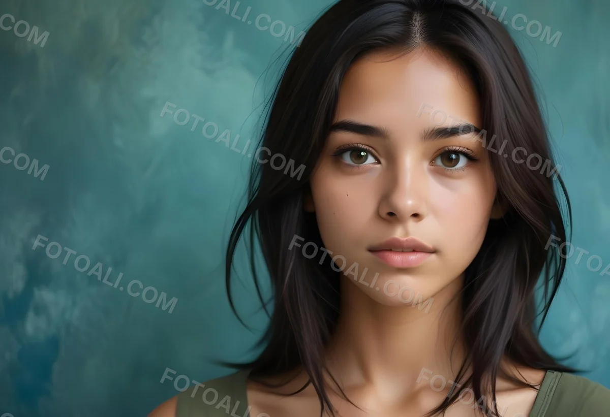 Young Woman With Medium Skin Tone Long Dark Hair And A Natural Makeup Look She Appears To Be Around 20 Years Old With A Soft Expression And Direct Gaze The Background Is A Textured Blue Green Color 12 Bc9a