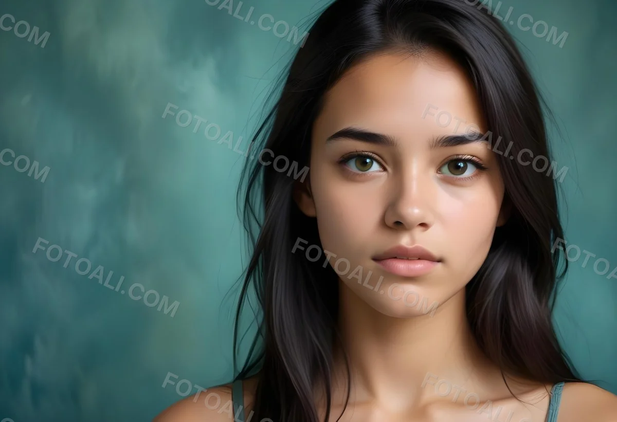 Young Woman With Medium Skin Tone Long Dark Hair And A Natural Makeup Look She Appears To Be Around 20 Years Old With A Soft Expression And Direct Gaze The Background Is A Textured Blue Green Color 13 096a