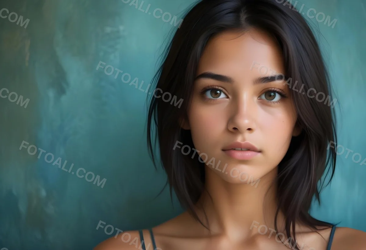 Young Woman With Medium Skin Tone Long Dark Hair And A Natural Makeup Look She Appears To Be Around 20 Years Old With A Soft Expression And Direct Gaze The Background Is A Textured Blue Green Color 15 F21d