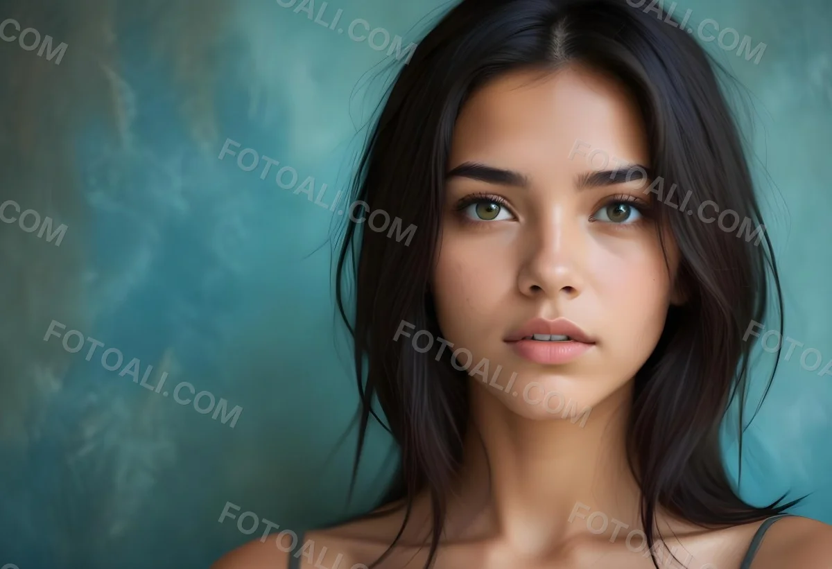 Young Woman With Medium Skin Tone Long Dark Hair And A Natural Makeup Look She Appears To Be Around 20 Years Old With A Soft Expression And Direct Gaze The Background Is A Textured Blue Green Color 17 1a31