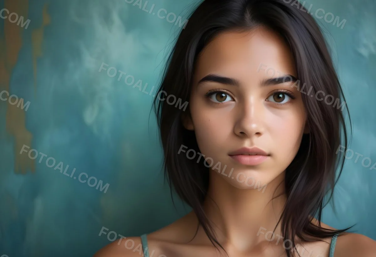 Young Woman With Medium Skin Tone Long Dark Hair And A Natural Makeup Look She Appears To Be Around 20 Years Old With A Soft Expression And Direct Gaze The Background Is A Textured Blue Green Color 18 8817