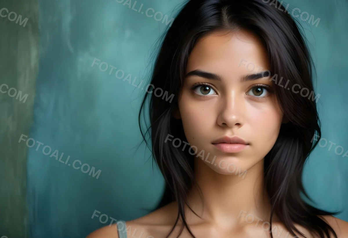 Young Woman With Medium Skin Tone Long Dark Hair And A Natural Makeup Look She Appears To Be Around 20 Years Old With A Soft Expression And Direct Gaze The Background Is A Textured Blue Green Color 19 16e7