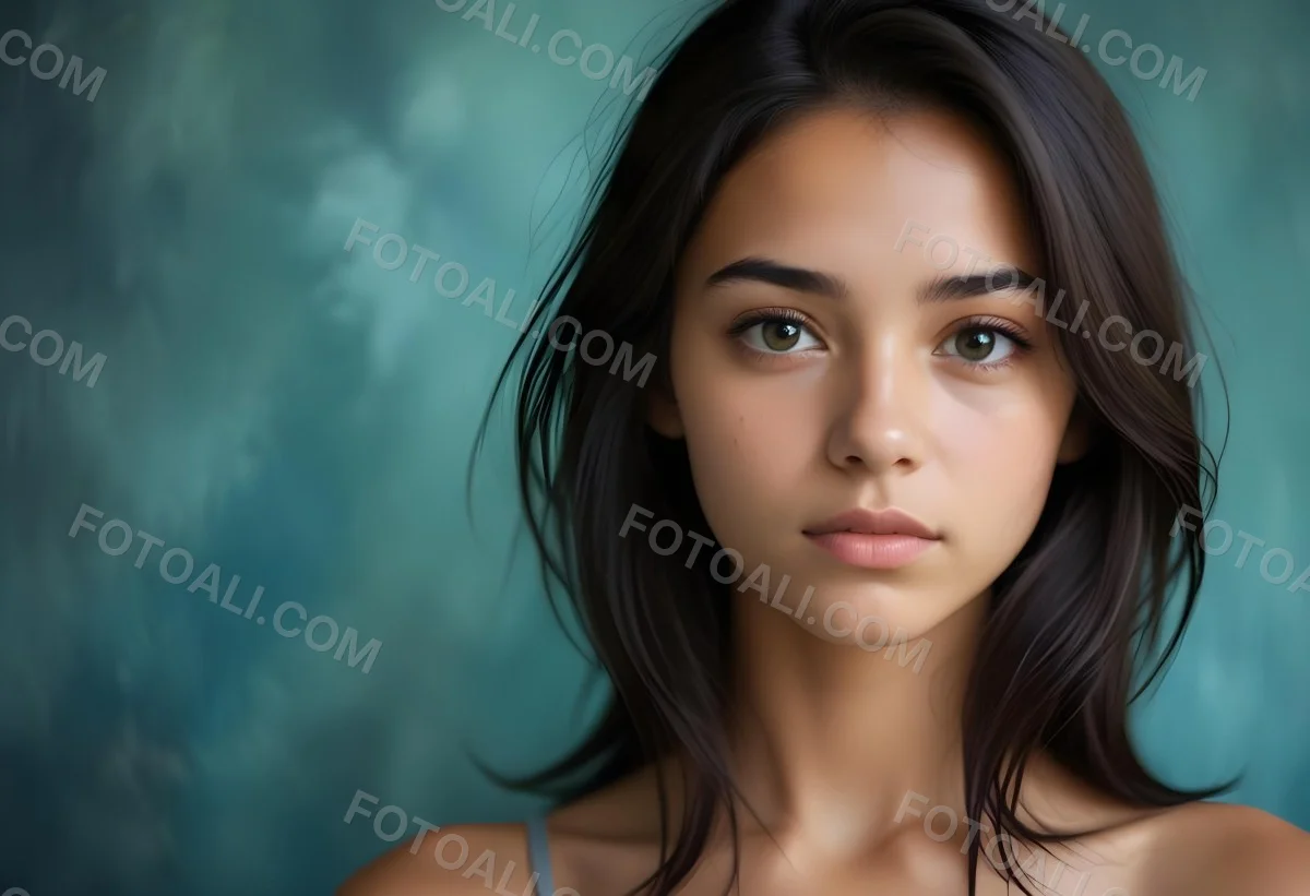 Young Woman With Medium Skin Tone Long Dark Hair And A Natural Makeup Look She Appears To Be Around 20 Years Old With A Soft Expression And Direct Gaze The Background Is A Textured Blue Green Color 2 Ca77