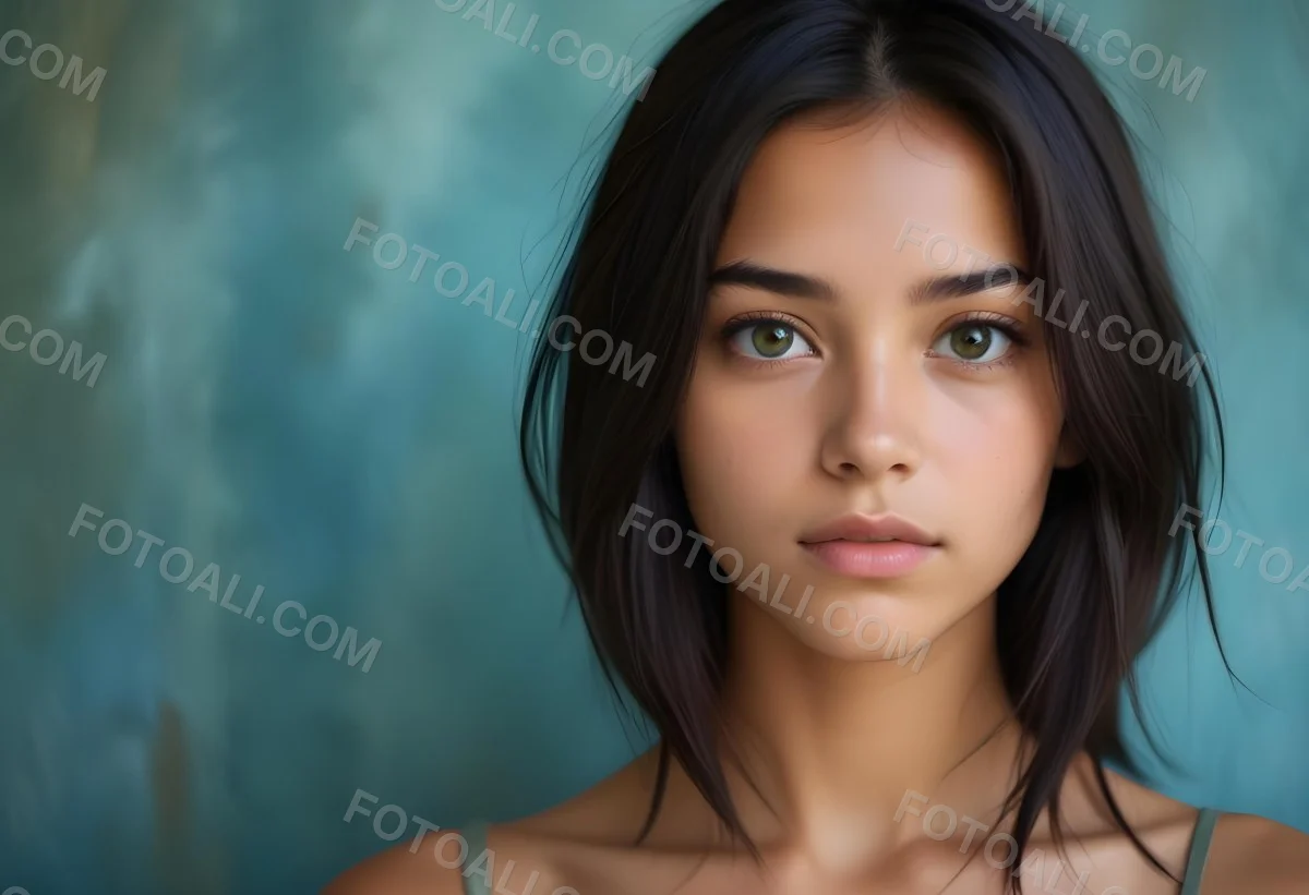 Young Woman With Medium Skin Tone Long Dark Hair And A Natural Makeup Look She Appears To Be Around 20 Years Old With A Soft Expression And Direct Gaze The Background Is A Textured Blue Green Color 20 970f