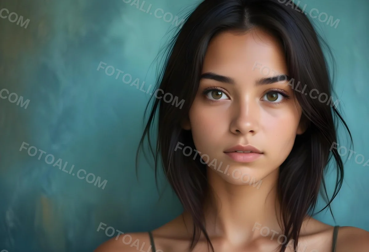 Young Woman With Medium Skin Tone Long Dark Hair And A Natural Makeup Look She Appears To Be Around 20 Years Old With A Soft Expression And Direct Gaze The Background Is A Textured Blue Green Color 21 C73a