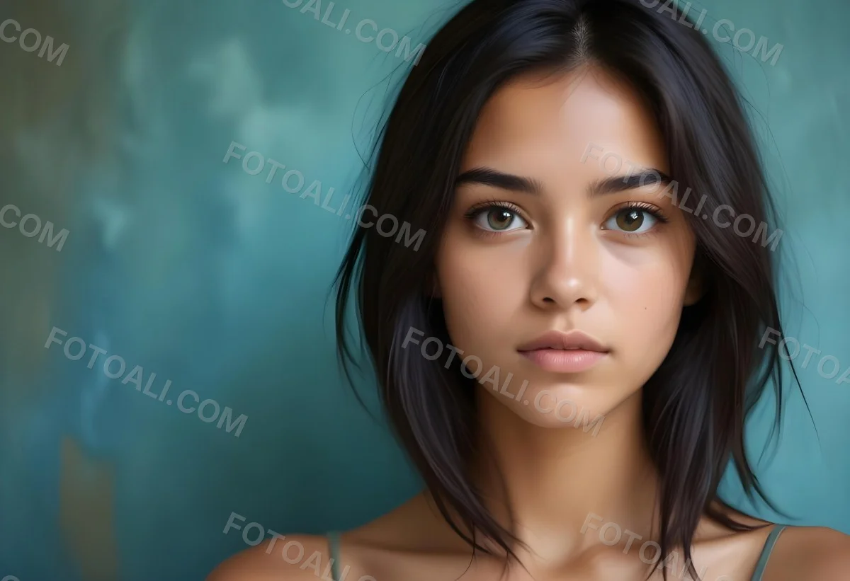 Young Woman With Medium Skin Tone Long Dark Hair And A Natural Makeup Look She Appears To Be Around 20 Years Old With A Soft Expression And Direct Gaze The Background Is A Textured Blue Green Color 22 Aa93