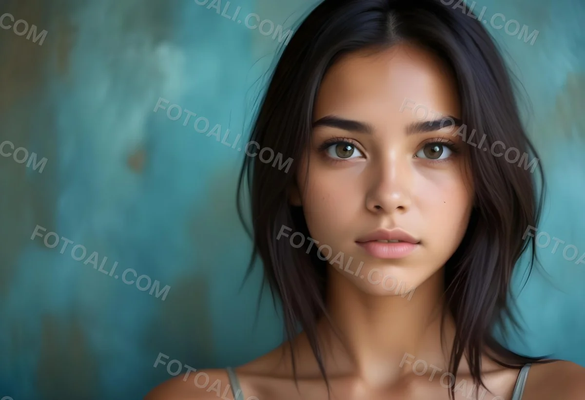 Young Woman With Medium Skin Tone Long Dark Hair And A Natural Makeup Look She Appears To Be Around 20 Years Old With A Soft Expression And Direct Gaze The Background Is A Textured Blue Green Color 24 1173