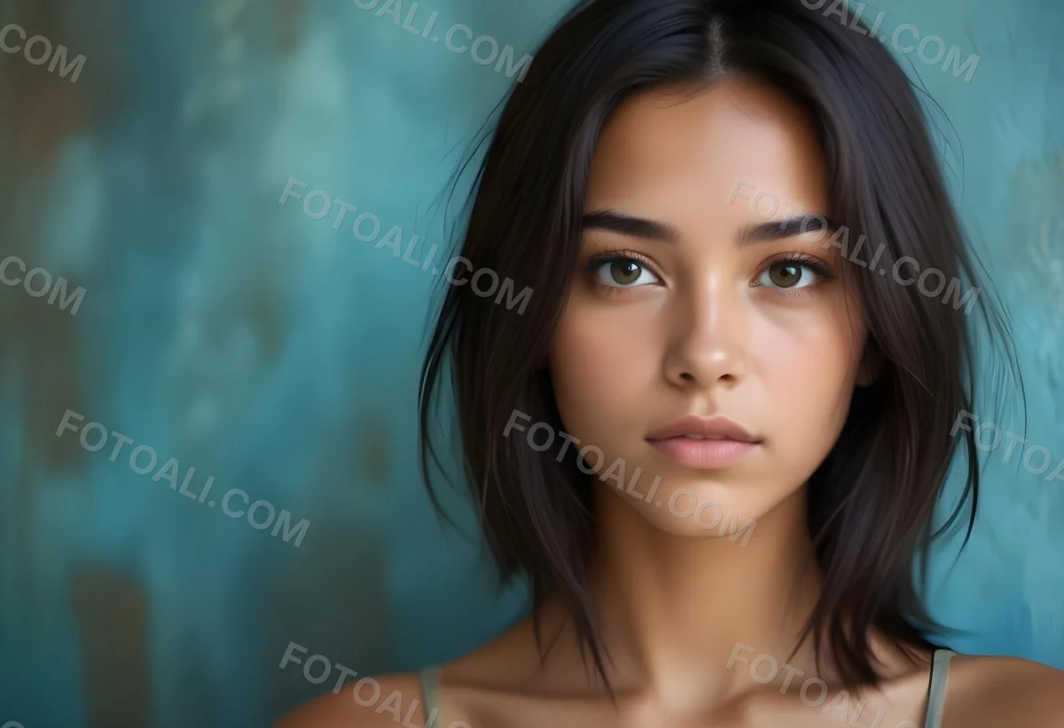 Young Woman With Medium Skin Tone Long Dark Hair And A Natural Makeup Look She Appears To Be Around 20 Years Old With A Soft Expression And Direct Gaze The Background Is A Textured Blue Green Color 29 D9bc