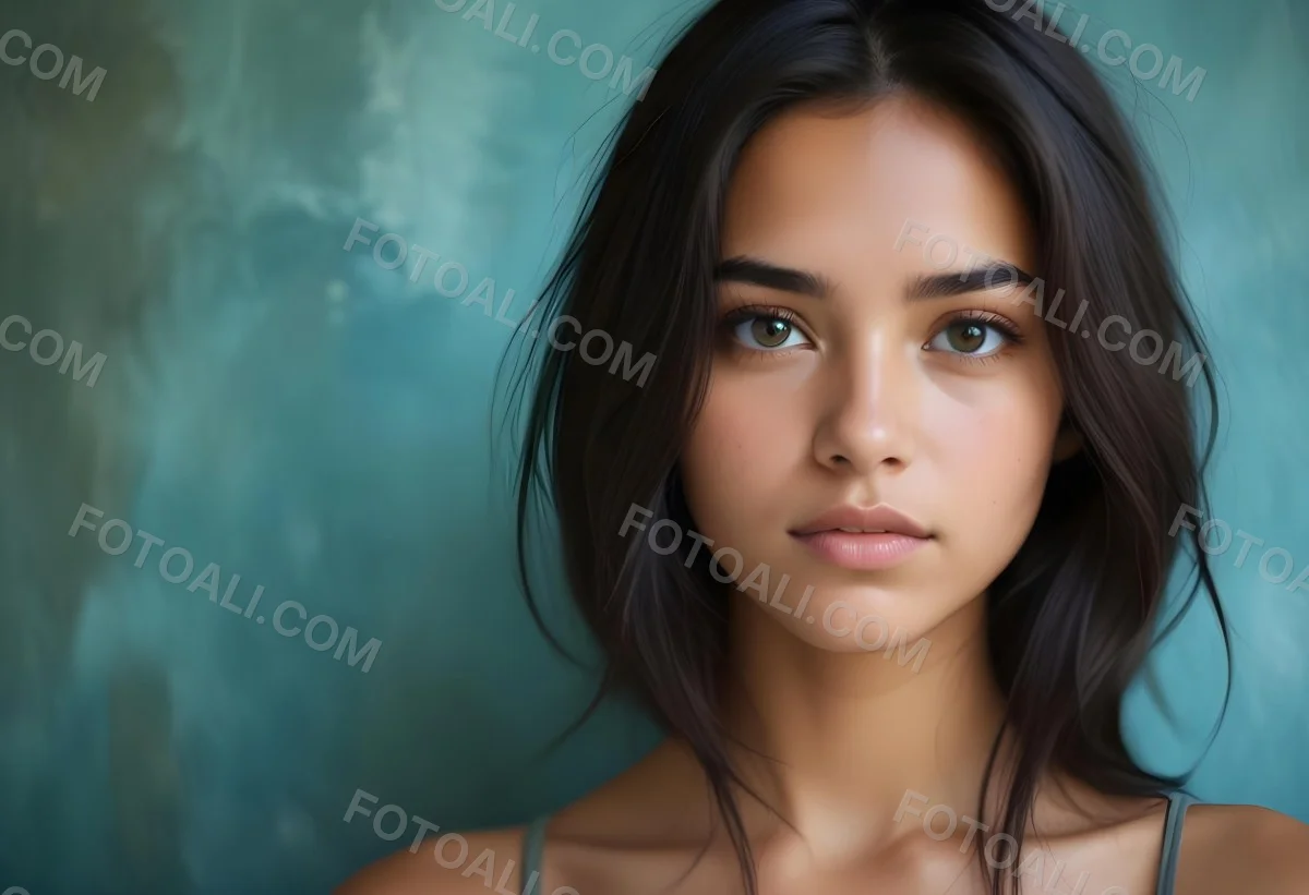 Young Woman With Medium Skin Tone Long Dark Hair And A Natural Makeup Look She Appears To Be Around 20 Years Old With A Soft Expression And Direct Gaze The Background Is A Textured Blue Green Color 4 997c