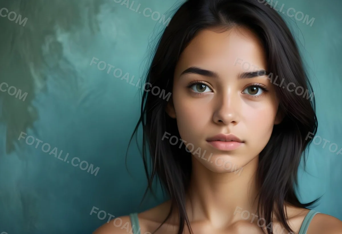 Young Woman With Medium Skin Tone Long Dark Hair And A Natural Makeup Look She Appears To Be Around 20 Years Old With A Soft Expression And Direct Gaze The Background Is A Textured Blue Green Color 5 18be